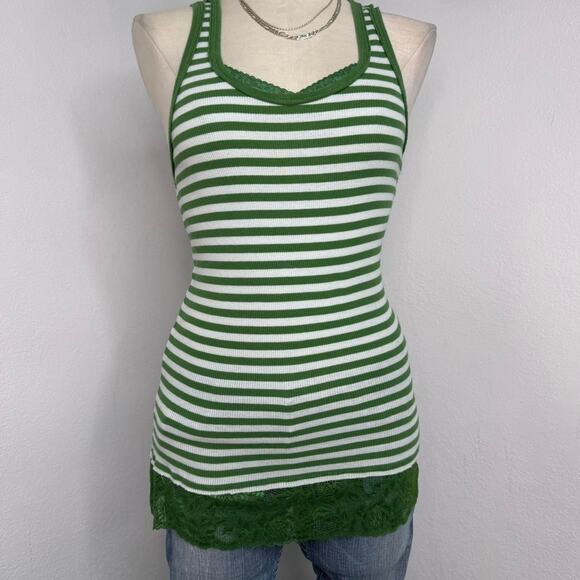Vanity Tops - Y2K Lace Cami Tank Top Long Green and White Stripped Size Large